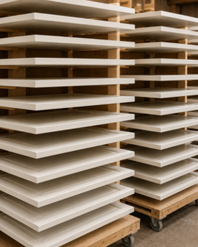 Cabinet panels stacked on drying racks in workshop