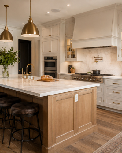 White kitchen with wood island and pendant lights