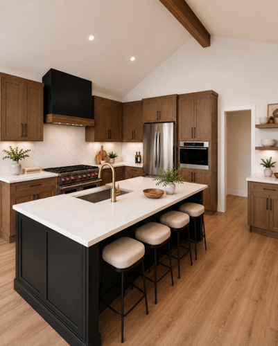 Modern kitchen with walnut cabinets and large island