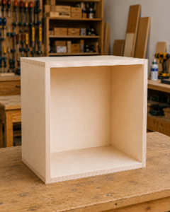 Unfinished cabinet box on woodworking workbench