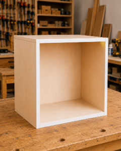 Unfinished cabinet box on woodworking bench