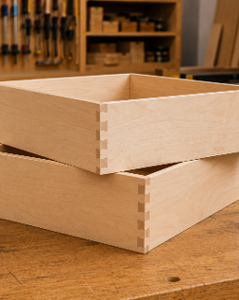 Two unfinished wooden drawer boxes on workbench